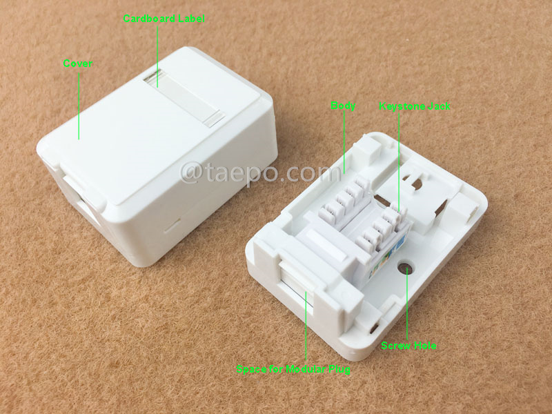 Illustration pictures for 1-port surface box, CAT5E, RJ45, 8P8C, UTP, AP style