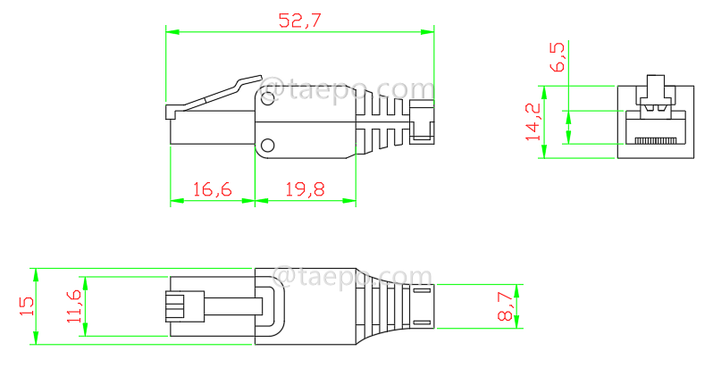 Drawing for Modular plug, CAT6, RJ45, 8P8C, UTP, tool free