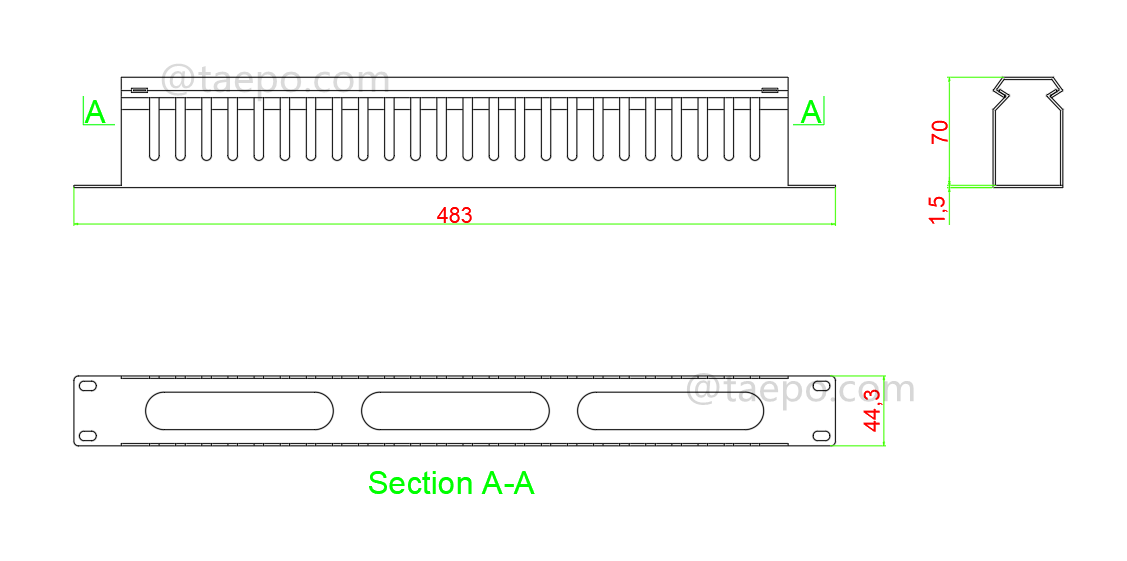 Drawing for Metal cable manager, 24 fingers, 1U