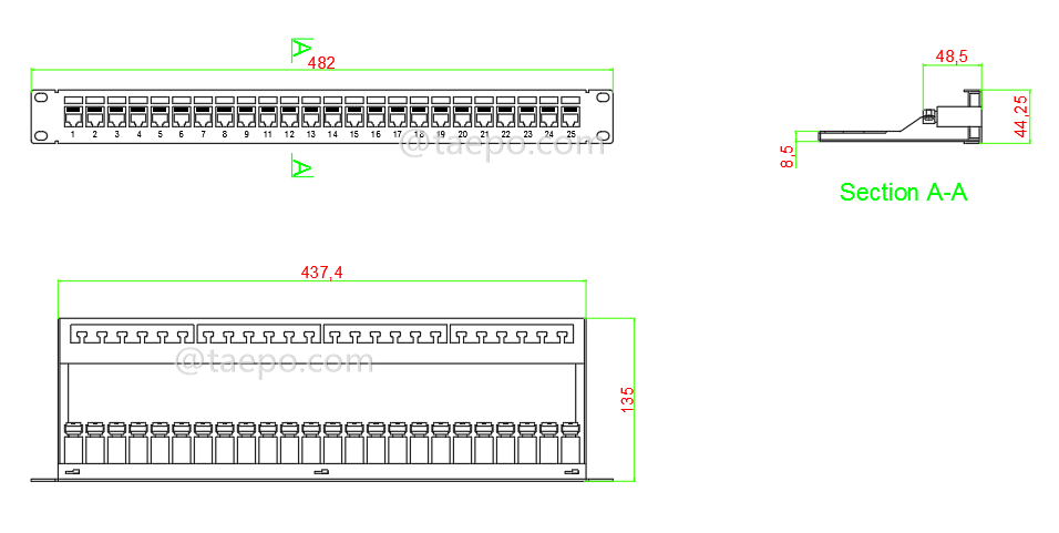 Drawing for 24-port patch panel, CAT5E, RJ45, STP, 19
