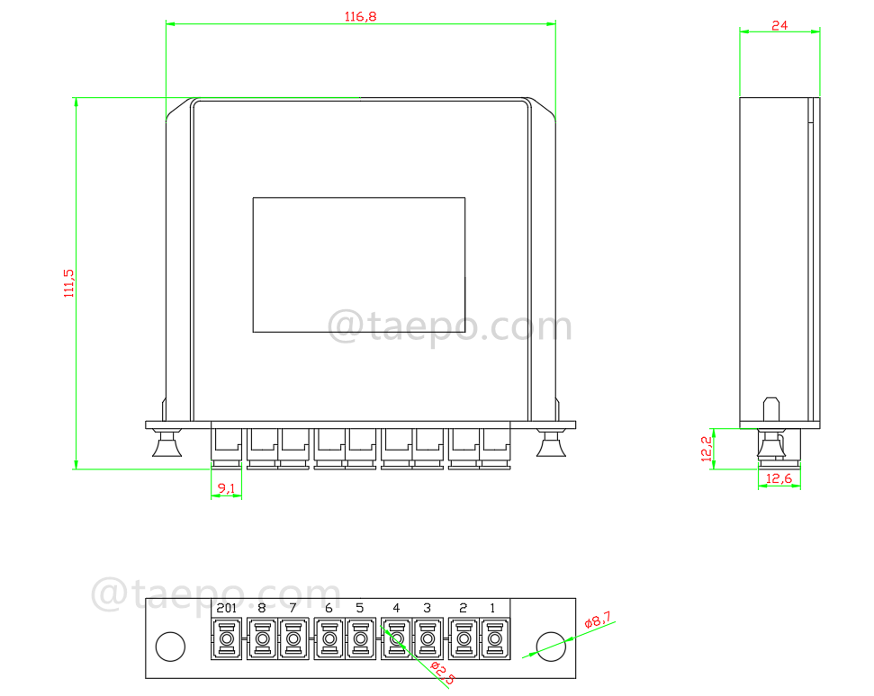 Drawing for Fiber optic splitter, PLC, casette type, G657A, 1x8, 0.9mm loose tube, with SC/APC connector, adapter