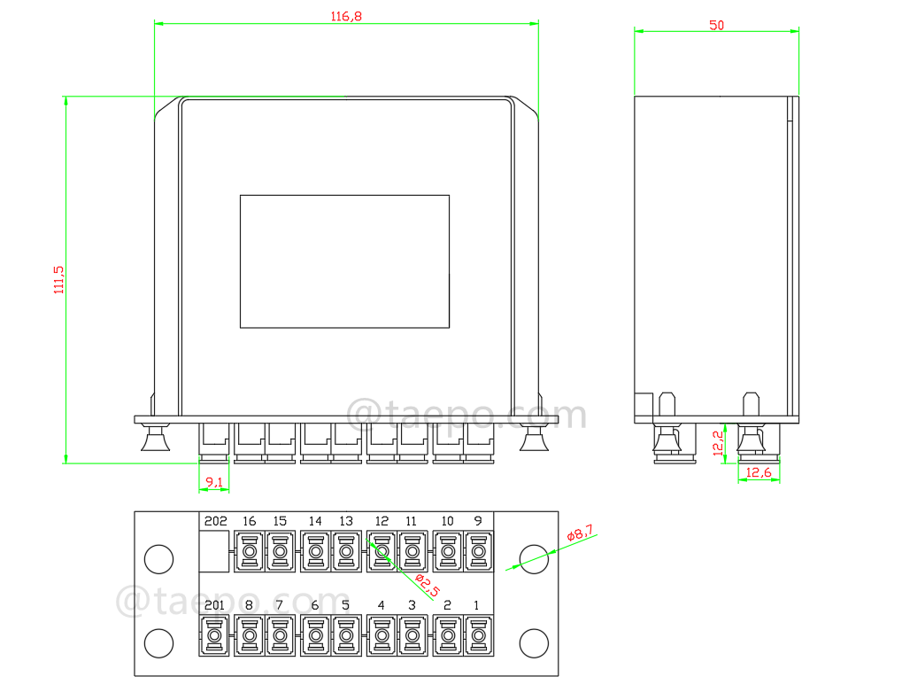 Drawing for Fiber optic splitter, PLC, casette type, G657A, 1x16, 0.9mm loose tube, with SC/APC connector