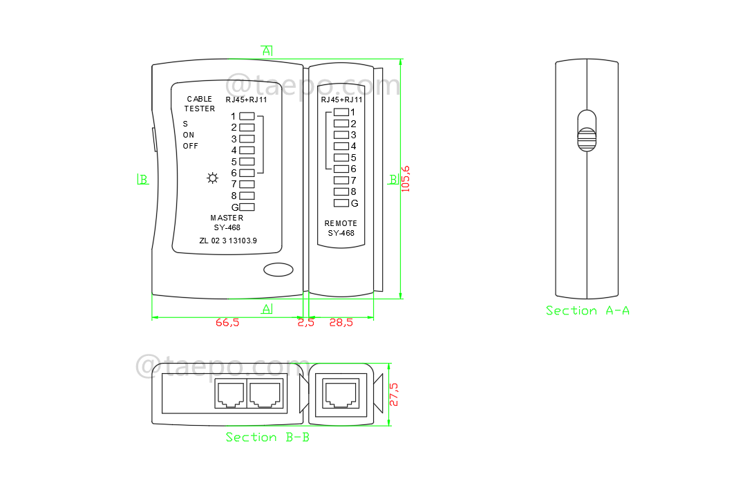 Drawing for Patch cable tester for RJ11/RJ45