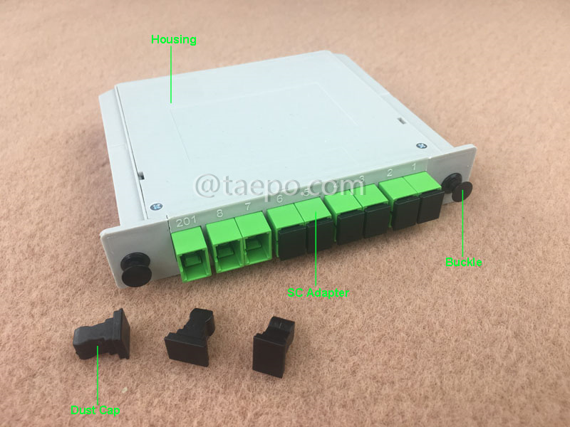 Illustration pictures for Fiber optic splitter, PLC, casette type, G657A, 1x8, 0.9mm loose tube, with SC/APC connector, adapter