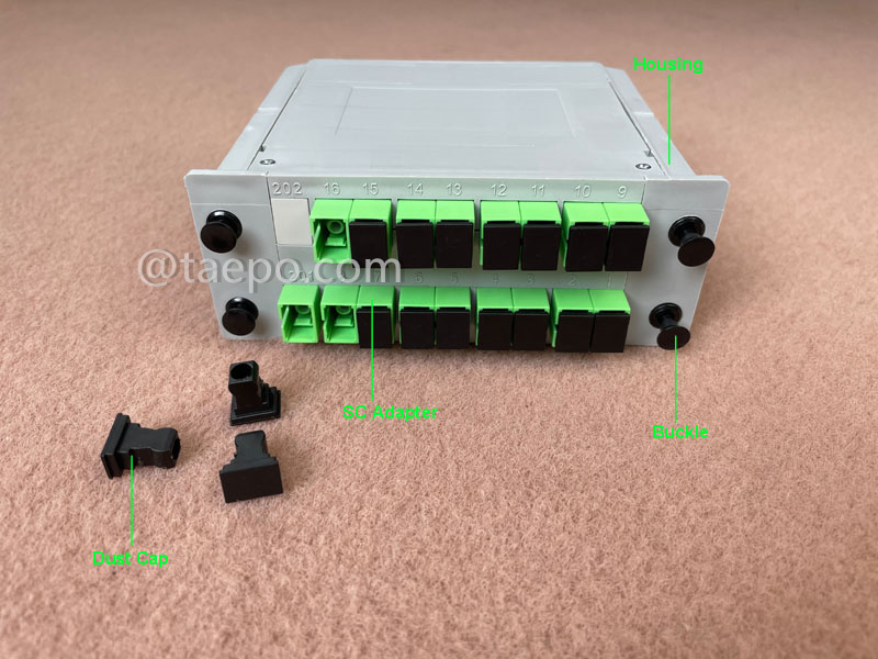 Illustration pictures for Fiber optic splitter, PLC, casette type, G657A, 1x16, 0.9mm loose tube, with SC/APC connector